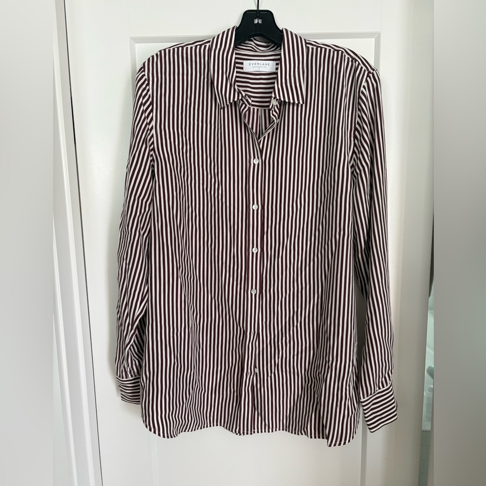 Everlane Relaxed Silk Shirt- Burgundy and White